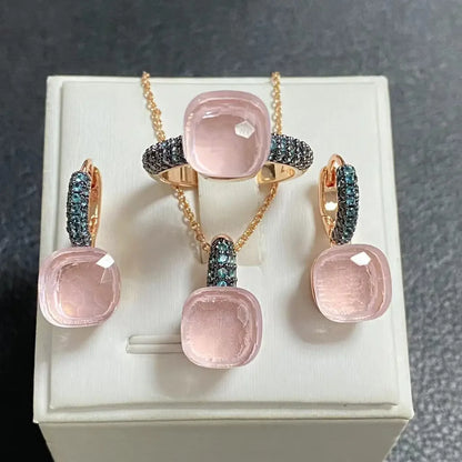 Gun Black Plated Blue Zircon Jewelry Set for Women Includes Ring Earrings Necklace Elegant Crystal Blue Topaz Gift