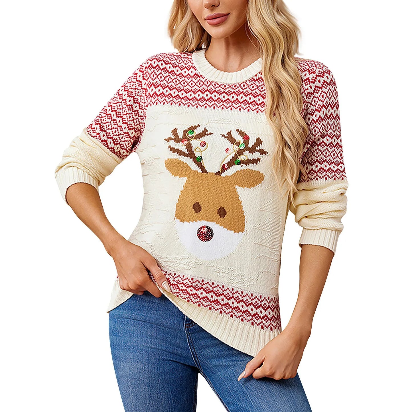 2025 Women's Christmas Elk Sweater Autumn And Winter Round Neck Knitted Pullover