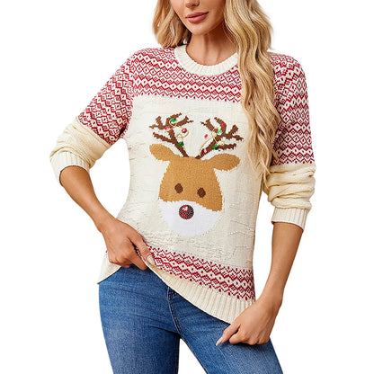 2025 Women's Christmas Elk Sweater Autumn And Winter Round Neck Knitted Pullover