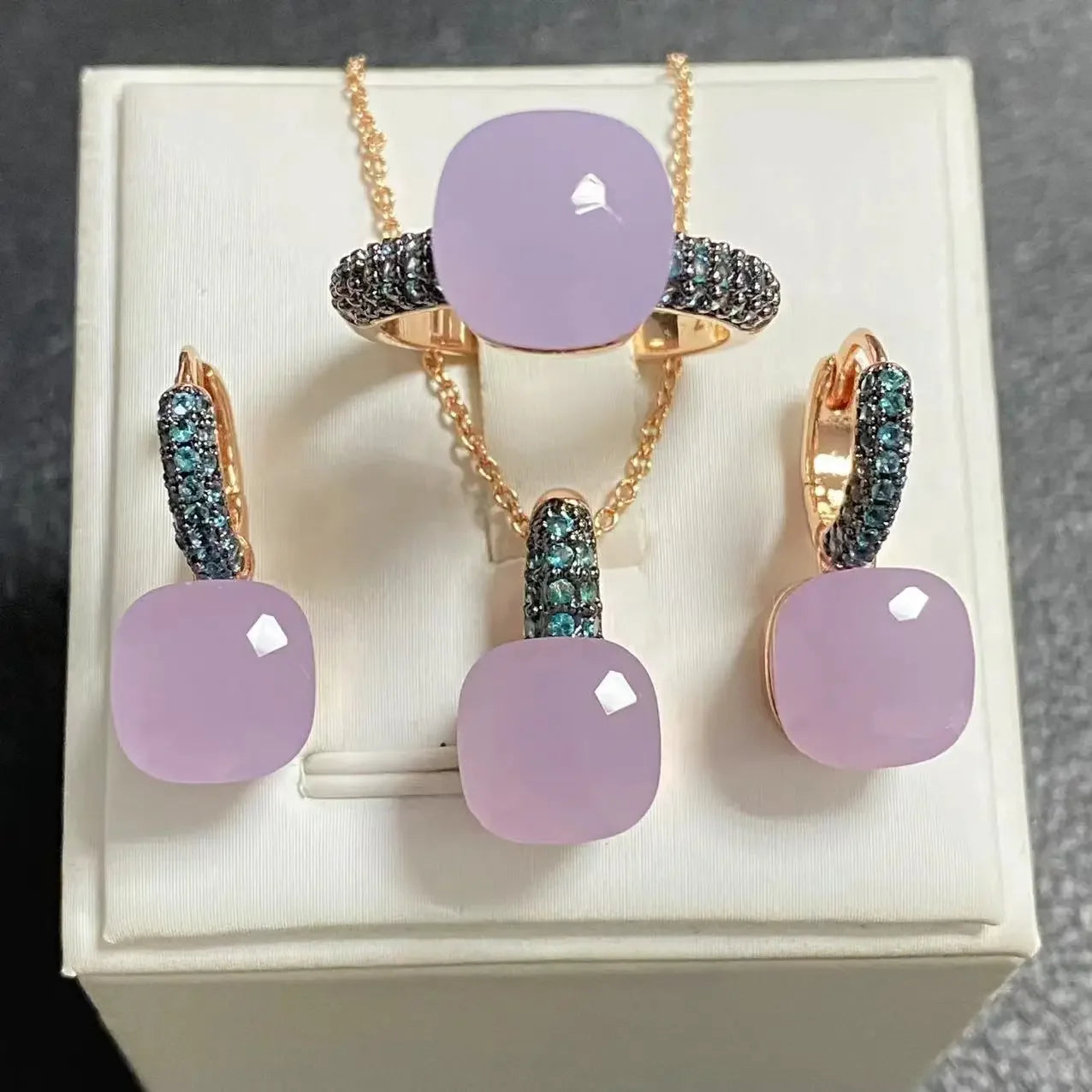 Gun Black Plated Blue Zircon Jewelry Set for Women Includes Ring Earrings Necklace Elegant Crystal Blue Topaz Gift