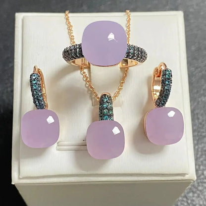 Gun Black Plated Blue Zircon Jewelry Set for Women Includes Ring Earrings Necklace Elegant Crystal Blue Topaz Gift