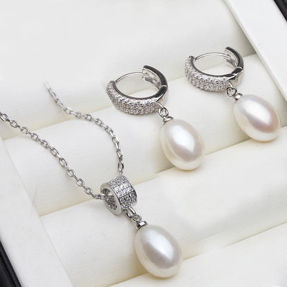 Genuine Natural Pearl Necklace And Earrings Set 925 Silver For Women White Black