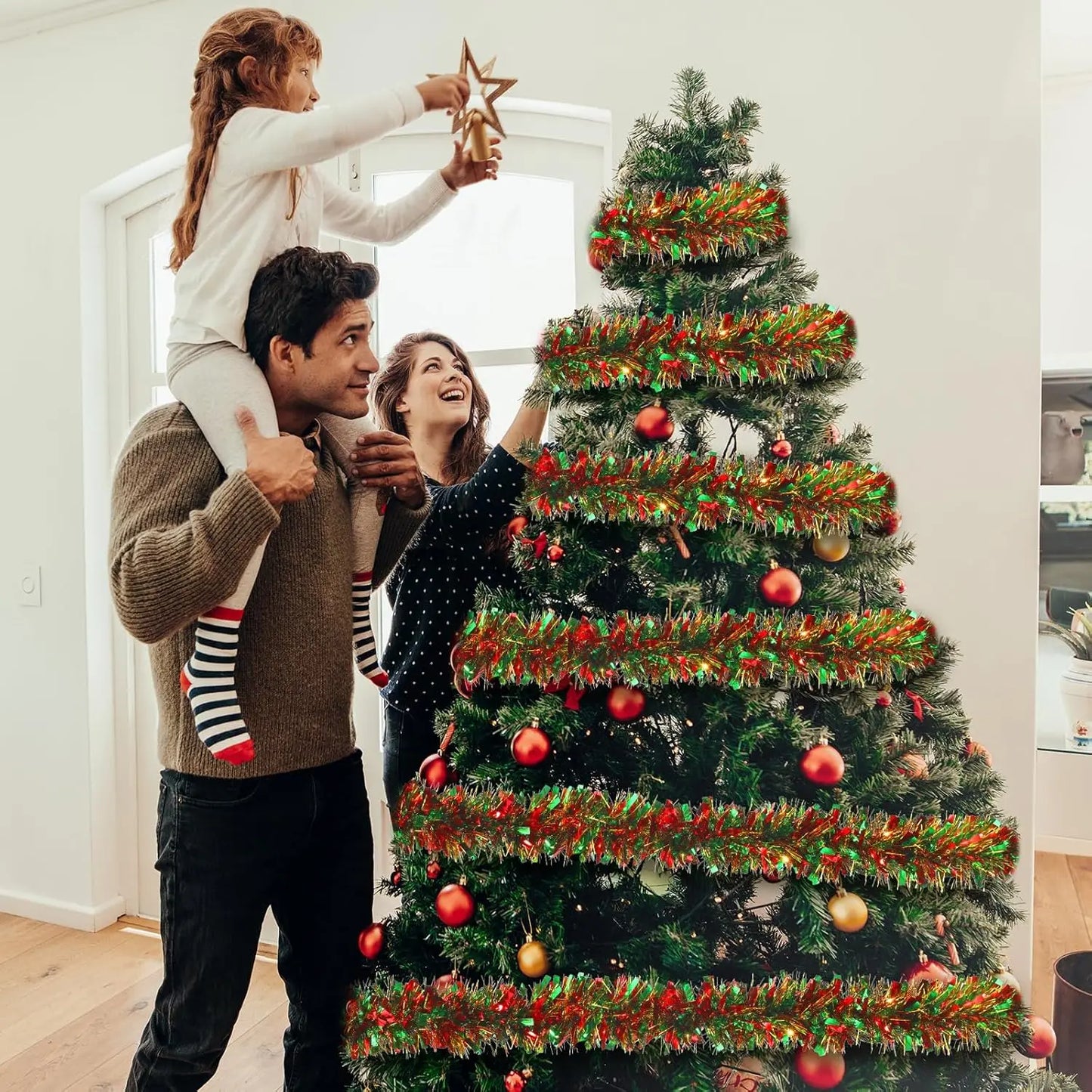 Christmas Tinsel Garlands 50M Red Green Decoration for Bar Tops Wreath Tree