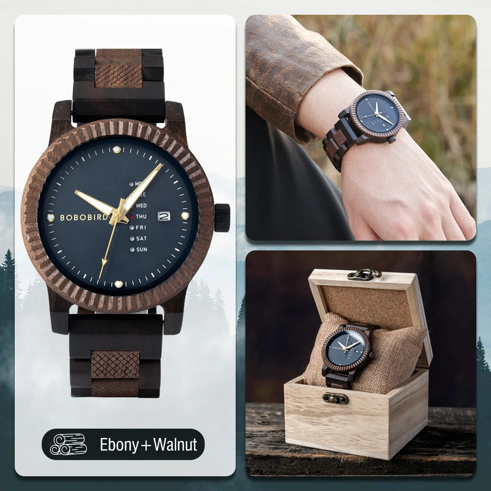 BOBO BIRD Mens Wooden Wristwatch With Week And Date Display