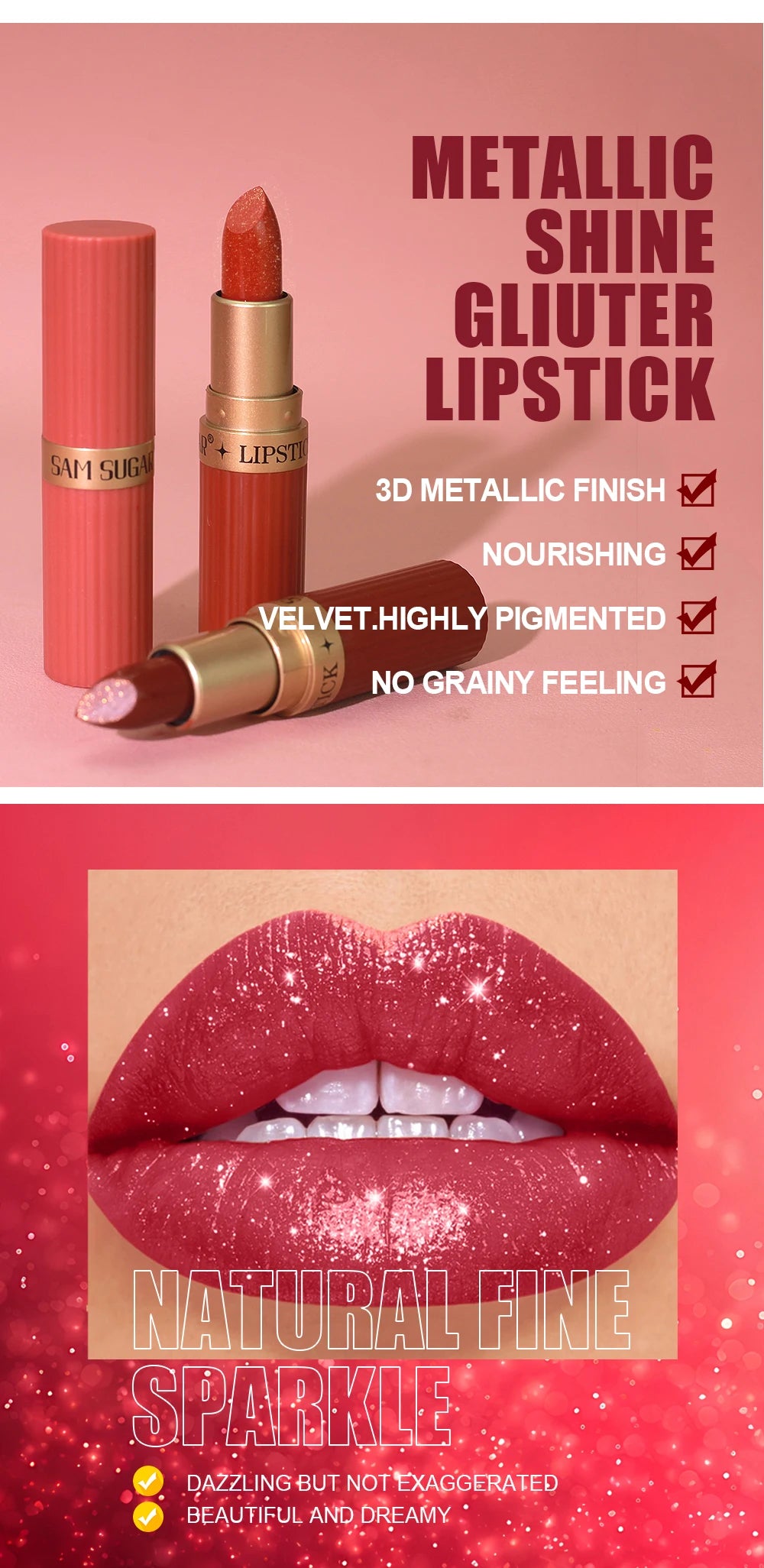 Pearlescent Pink Glitter Velvet Lipstick Waterproof Long Lasting Matte Lip Color