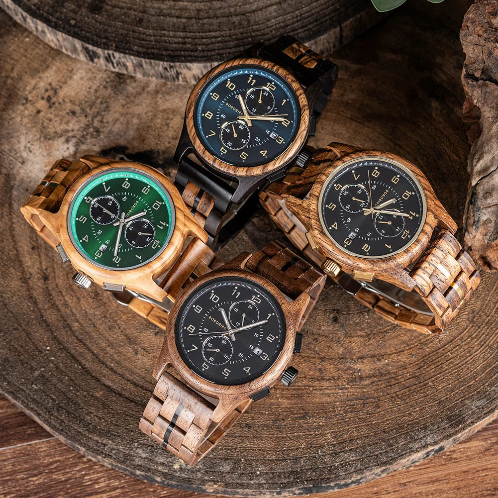 Bobo Bird Mens Wooden Chronograph Watch With Luminous Hands