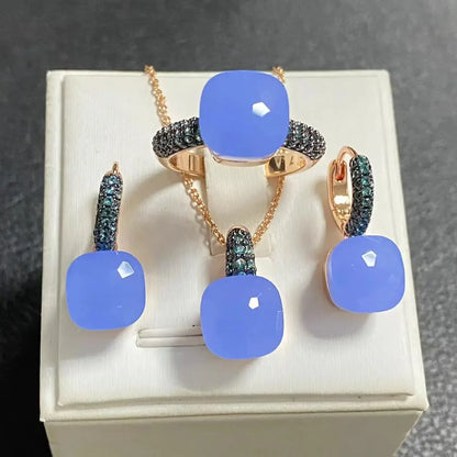 Gun Black Plated Blue Zircon Jewelry Set for Women Includes Ring Earrings Necklace Elegant Crystal Blue Topaz Gift