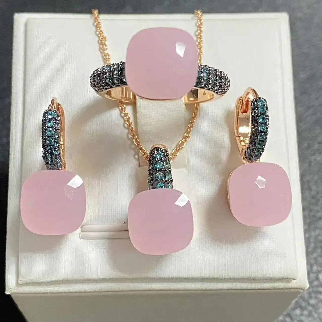 Gun Black Plated Blue Zircon Jewelry Set for Women Includes Ring Earrings Necklace Elegant Crystal Blue Topaz Gift