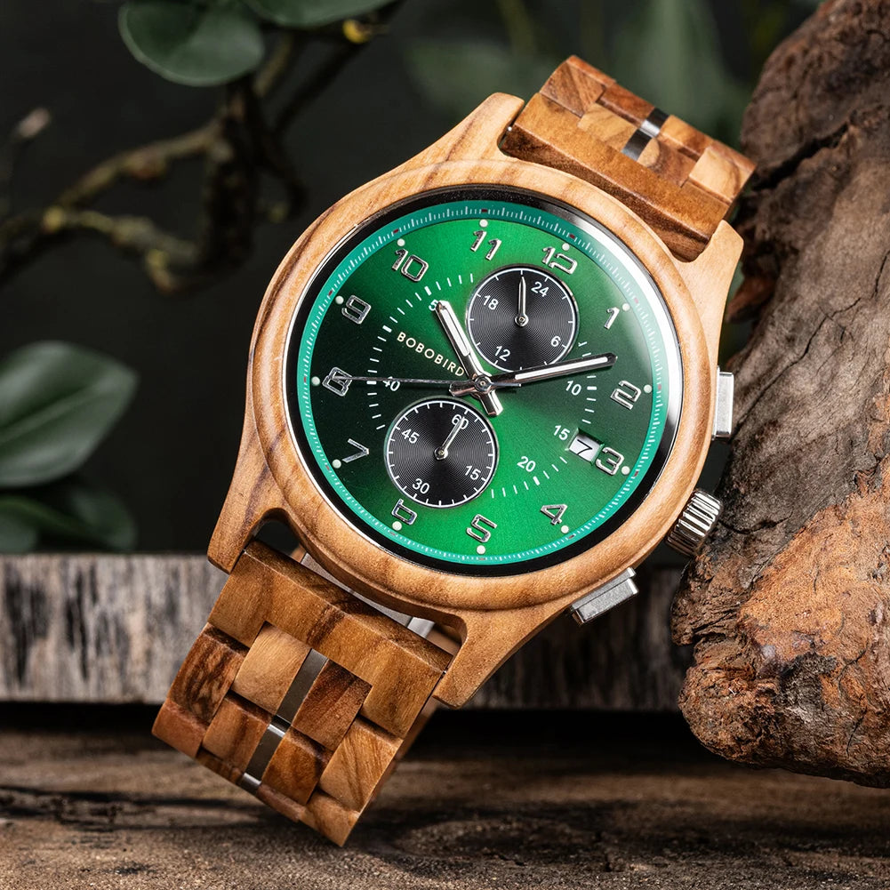 Bobo Bird Mens Wooden Chronograph Watch With Luminous Hands