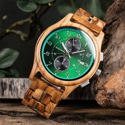 Bobo Bird Mens Wooden Chronograph Watch With Luminous Hands