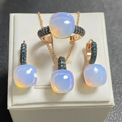 Gun Black Plated Blue Zircon Jewelry Set for Women Includes Ring Earrings Necklace Elegant Crystal Blue Topaz Gift