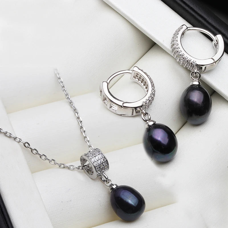 Genuine Natural Pearl Necklace And Earrings Set 925 Silver For Women White Black