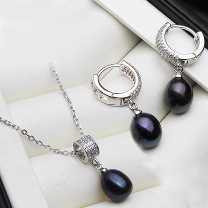 Genuine Natural Pearl Necklace And Earrings Set 925 Silver For Women White Black