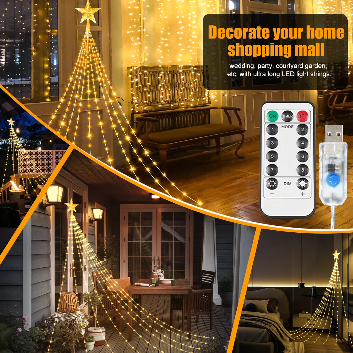 200 280 LED Star Waterfall Lights USB Powered With Remote Control 8 Modes