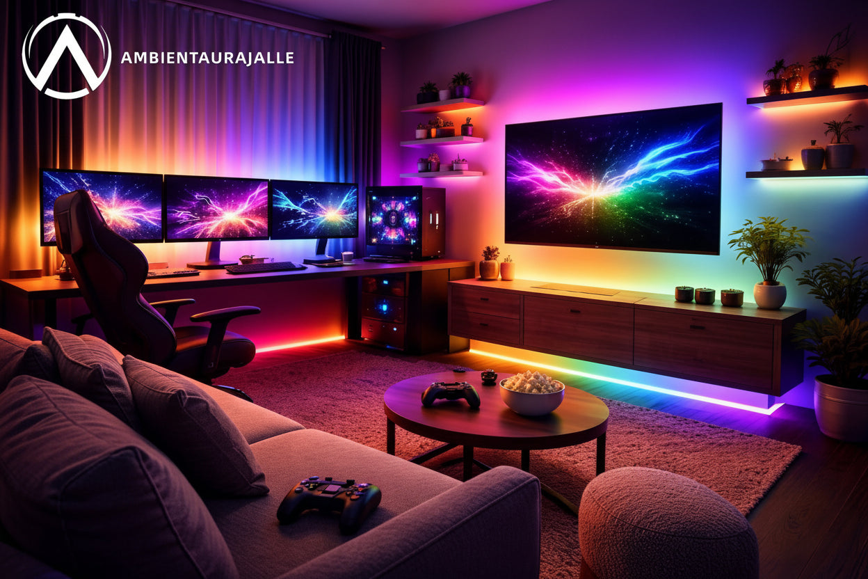 Modern living room with gaming setup, colorful LED lights, and Ambiente Auraljalle branding.