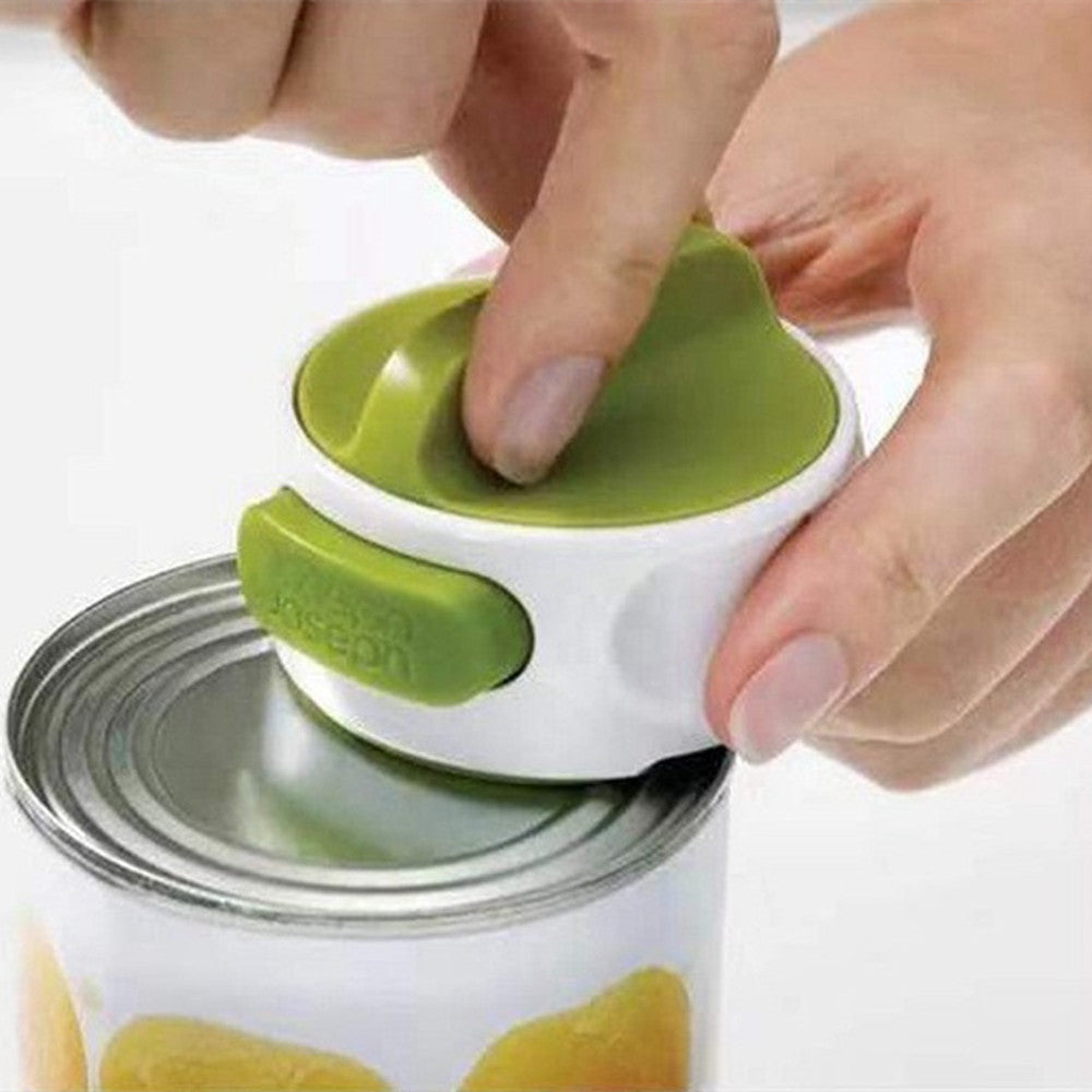 Stainless steel bottle opener gadget in green and white, a compact labor-saving tool for quick bottle openings.