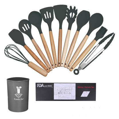 Wooden Handle Silicone Cooking Utensils Set with Spatulas Slotted Spoon Whisk