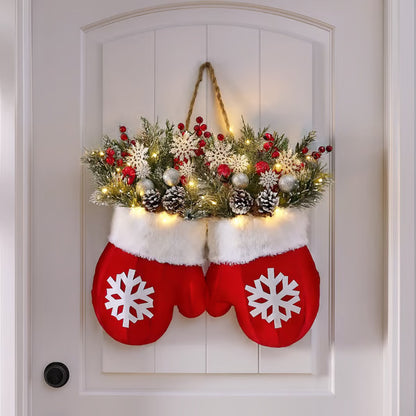 Glove Shaped Christmas Wreath With Lights Simulated Flower Garland Door Sign