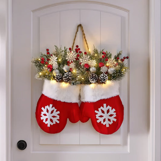 Glove Shaped Christmas Wreath With Lights Simulated Flower Garland Door Sign