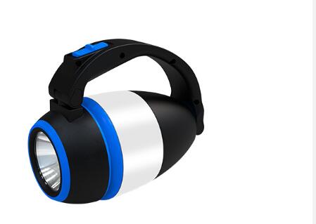 3-in-1 LED flashlight with foldable handle, black body and blue trim.
