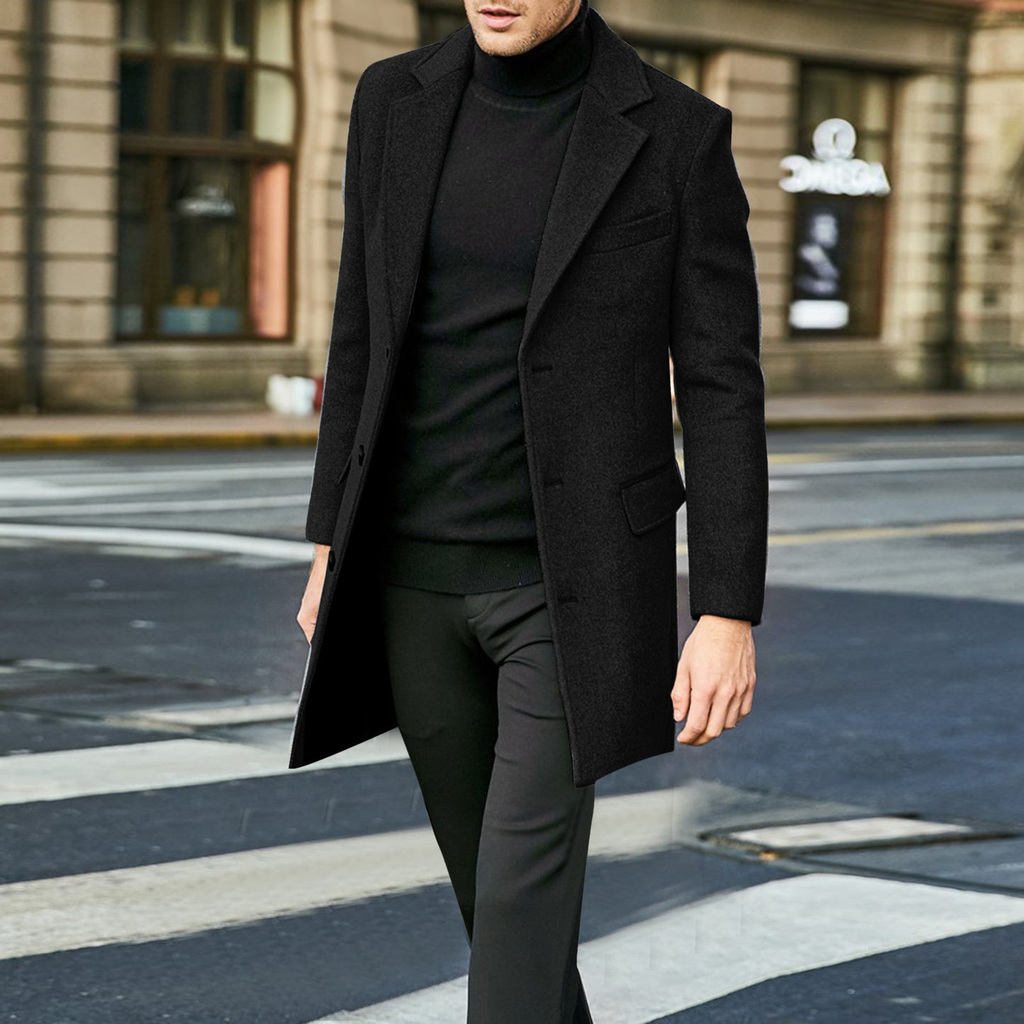 🧥 Men’s Long Sleeve Wool-Style Coat with Suit Collar &amp; Pockets