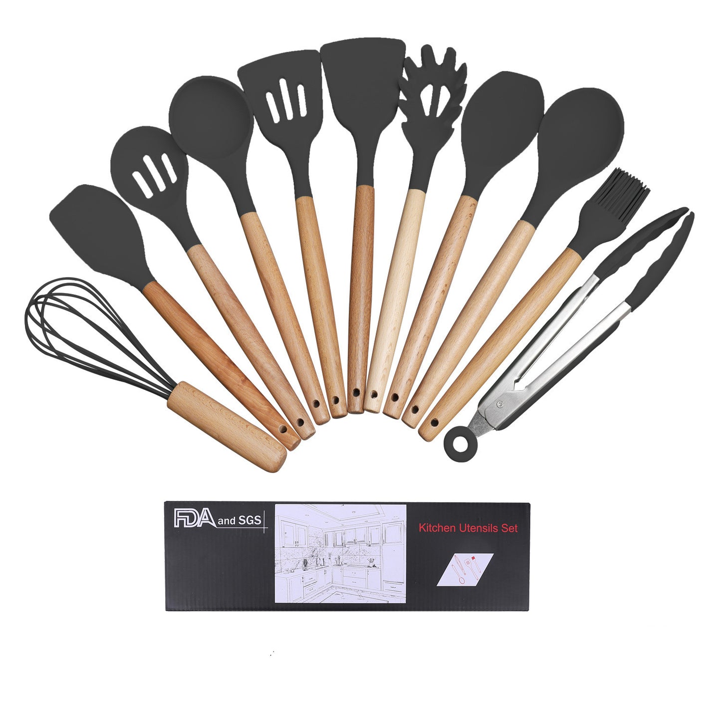 Wooden Handle Silicone Cooking Utensils Set with Spatulas Slotted Spoon Whisk