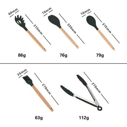 Wooden Handle Silicone Cooking Utensils Set with Spatulas Slotted Spoon Whisk