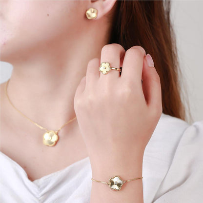 Stainless Steel Floral Jewelry Set Necklace Ring Stud Earrings Gold Rose Silver