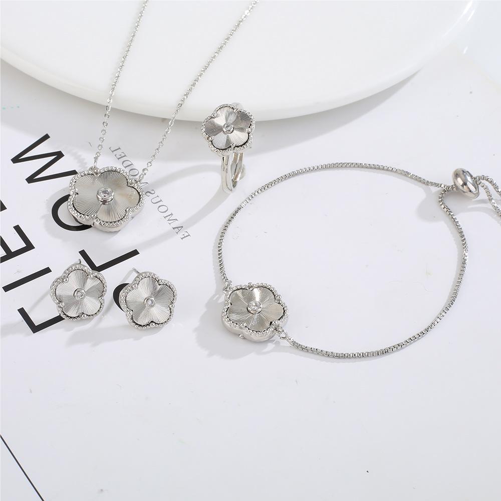 Stainless Steel Floral Jewelry Set Necklace Ring Stud Earrings Gold Rose Silver