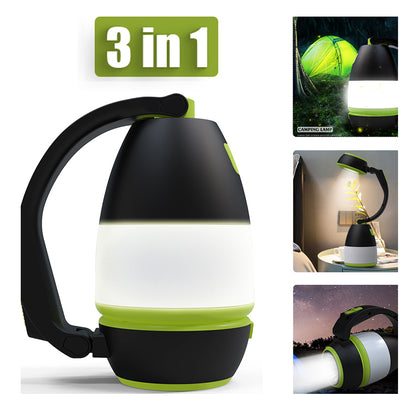 3-in-1 LED lamp for desk, tent, and car; foldable flashlight with black body and lime green accents.