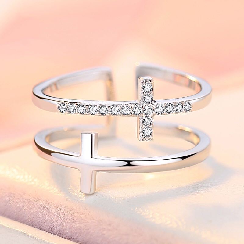 Double Cross Copper Ring With Zircon Inlay For Women And Adjustable Size