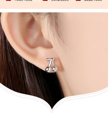S925 Silver Diamond Cherry Stud Earrings Korean Style For Women